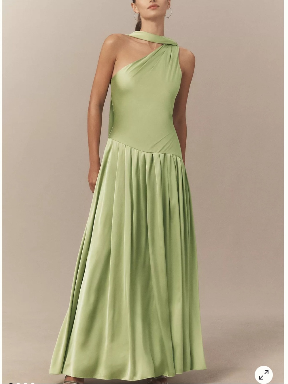 BHLDN Asymmetrical One-Shoulder Scarf Gown in Light Green